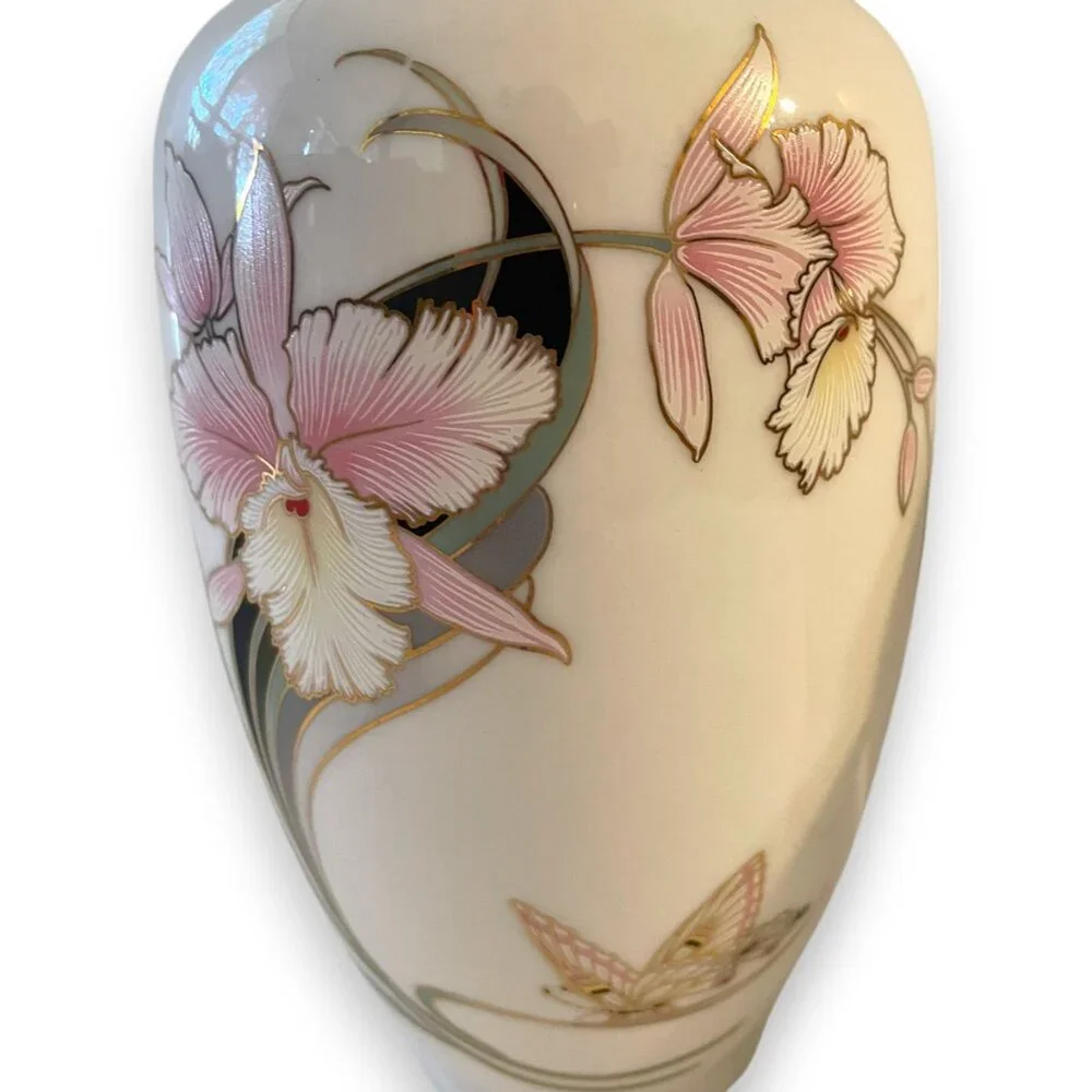 Fine China Vintage Orchid and Butterfly Vase and Ginger Jar Set